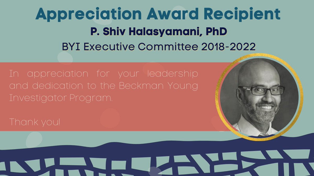 #Thankyou to P. Shiv Halasyamani, PhD, #BYI Executive Committee Member from 2018-2022. We appreciate your leadership and dedication to the Beckman Young Investigator Program! #BeckmanSymposium