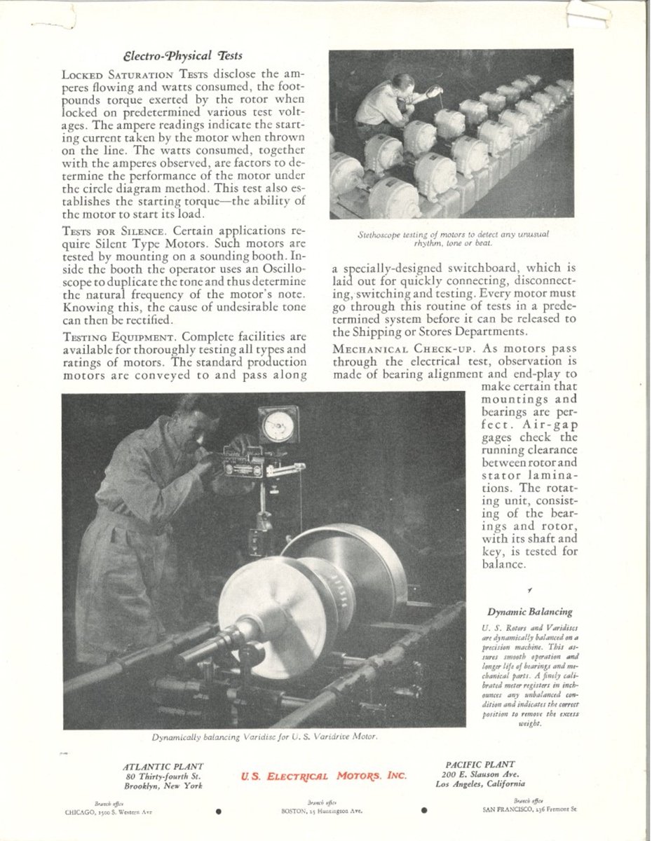 NidecMotorCorp's tweet photo. Stringent testing has always been a hallmark of any U.S. motors product. This #MotorMemoryMonday article goes in detail of our electrical tests at facilities back in the day – Stethoscopes were also used to detect any unusual rhythm, tone, or beat coming from the motors. (1/2) https://t.co/bxG8rOvCJj