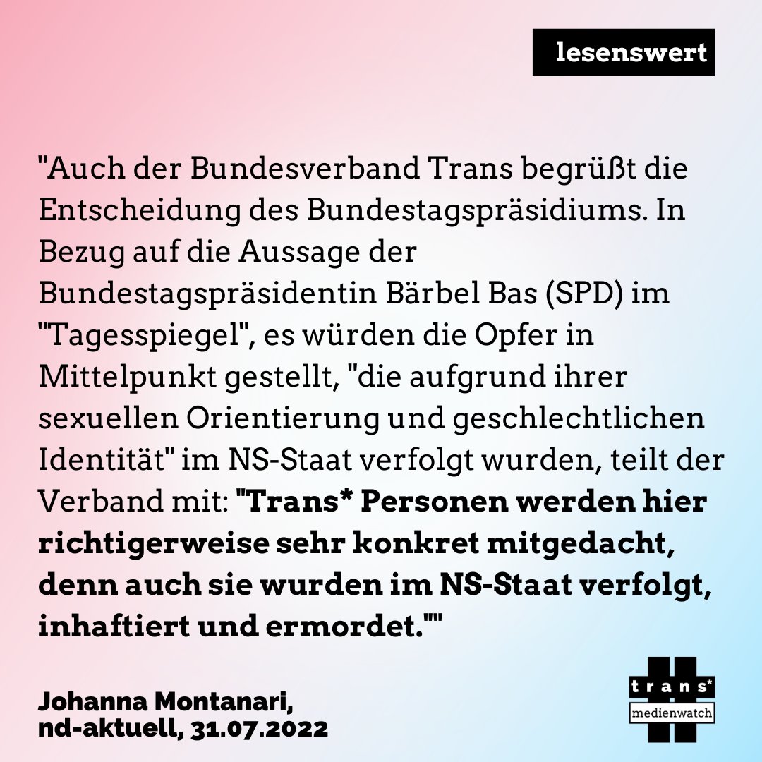 "Trans* Personen werden hier richtigerweise sehr konkret mitgedacht, denn auch sie wurden im NS-Staat verfolgt, inhaftiert und ermordet."

👉#transMedienWatch
👉innn.it/transMedienWat…
👉nd-aktuell.de/artikel/116574…