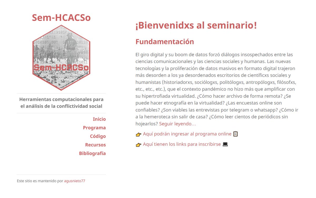 Este viernes 5 de agosto a las 14 arrancamos con el seminario "Herramientas computacionales para el análisis de la conflictividad social"
agusnieto77.github.io/Sem-HCACSo/
