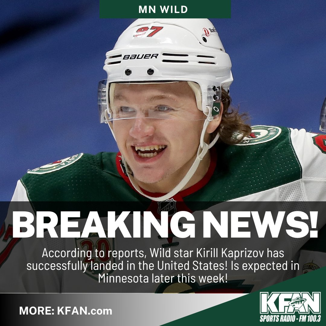 KFAN1003's tweet photo. BREAKING NEWS: According to @RussoHockey, MN Wild star Kirill Kaprizov has successfully landed in the United States! He is expected to arrive back in Minnesota to join the Wild later this week! #KFANWild https://t.co/BAB7HNkLXi