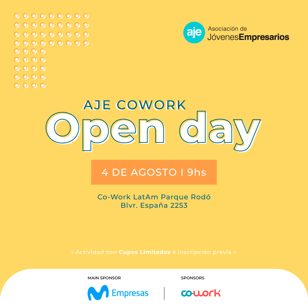 04.08 - AJE - COWORK OPEN DAY

Vení a vivir un día de cowork junto a la comunidad en el piso 10 en nuestra oficina en el PISO 10 de <a href="/CoWork_LatAm/">Co-Work LatAm</a>. 

bit.ly/AJEACODAgosto