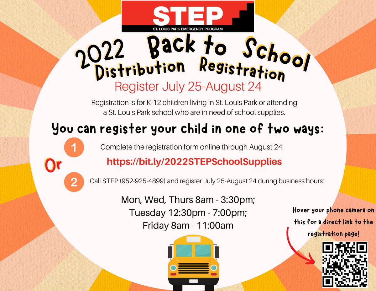 If your family is in need of assistance to acquire school supplies for the upcoming school year, STEP is a great local resource to consider. 

Visit bit.ly/2022STEPSchool… to register your child for STEP's Back-to-School program before August 24.