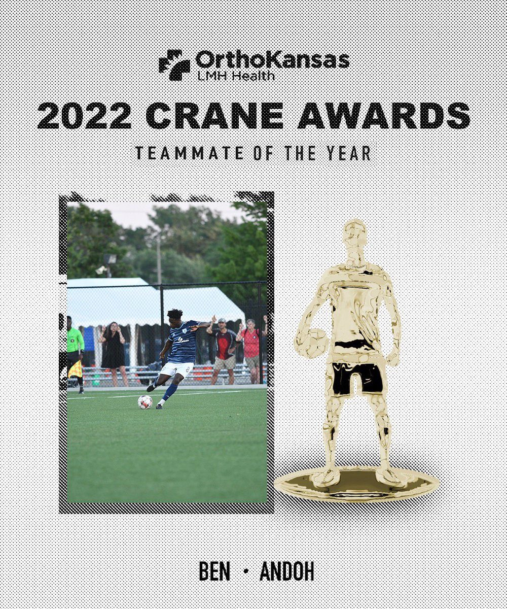 2022 CRANE AWARDS brought to you by LMH Health and Orthokansas🏆

The 2022 TEAMMATE OF THE YEAR for our men’s team, has been awarded to BEN ANDOH! Ben was a great leader throughout the season always bringing positive energy on and off the field. Join us in congratulating Ben👏🏼