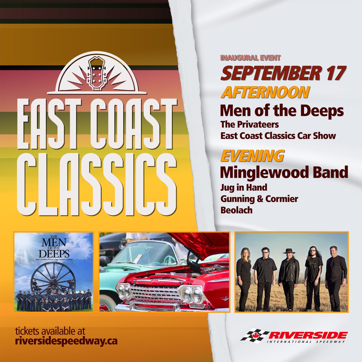 Riverside_NS's tweet photo. We're finishing the season with a party - a BIG one - East Coast Classics on Sept 17! SIX bands and a Show &amp; Shine! :)) The Privateers, Men of the Deeps, Jug in Hand, Gunning &amp; Cormier, Beolach, and Minglewood. Tickets on sale Tuesday at Noon! More here: https://t.co/Byo2n1Gyt5 https://t.co/4wdNbWlAWX