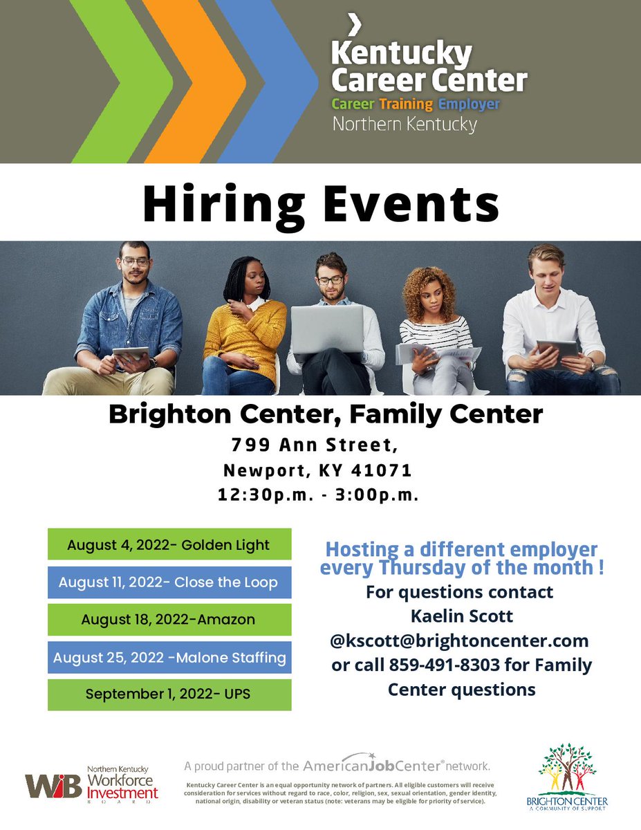 The <a href="/NKYCareerCenter/">Kentucky Career Center NKY</a> &amp; <a href="/brightoncenter/">brightoncenter</a> will be hosting a different employer every Thursday of the month at the Brighton Center Family Center location. See the flyer for details or call us for questions.  <a href="/AmznFulfillment/">Hello</a> <a href="/UPS/">UPS</a> <a href="/MaloneStaffing/">Malone Workforce Solutions</a> #openinterviews #hiring #careers
