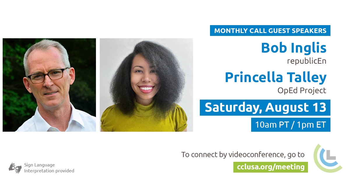 Save the date! We have a great national call coming up on Aug. 13 with <a href="/bobinglis/">Bob Inglis</a> and <a href="/p_talley101/">Princella Talley</a> on communicating with diverse audiences about #ClimateChange.