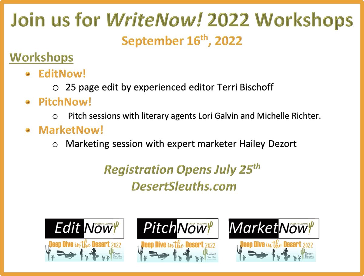 Which #WritingCommunity members are joining us for WriteNow! 2022? 

Meet our agents, editor, and marketing expert:
<a href="/TerriBischoff/">Terri Bischoff</a>
<a href="/Hailey_Dezort/">Hailey Dezort</a> 
<a href="/galvinlori/">Lori Galvin</a>
<a href="/Michrichter1/">Michelle Richter📚</a>

Will you be joining us?
desertsleuths.com/writenow-confe…