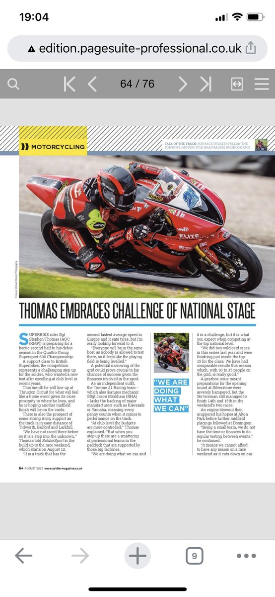 Tommo21Racing's tweet photo. Didn’t quite expect that, thank you @soldiermagazine for your time and  such great coverage in this months edition! 

#soldiermagazine #armyelitesport #armymotorcycleracing #britisharmysport 
 
@1MPBrigade
@RecruitmentAgc
@ArmySportASCB
@ArmyMRRT
@home_comdsm
@AgcSport
@AGCSgtMaj https://t.co/YW8wsNgvWL