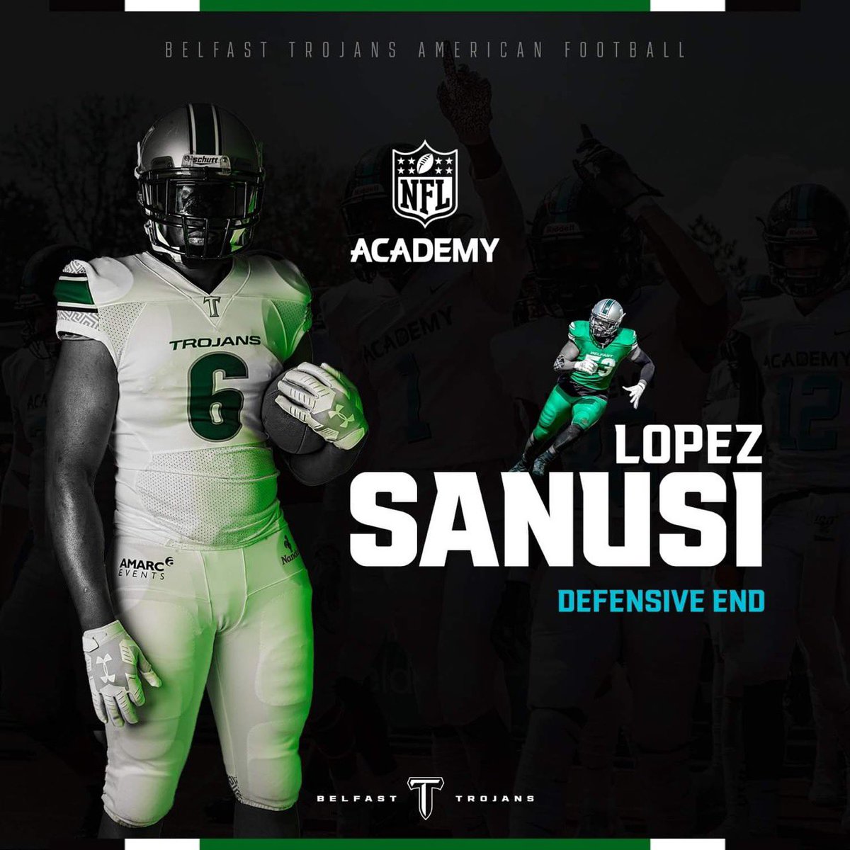 BelfastTrojans's tweet photo. The Belfast Trojans are delighted to share the news that rookie Defensive End, Lopez Sanusi has been offered a prestigious place at the @NFLAcademy in Loughborough, England. https://t.co/NuFc91E17m