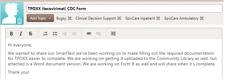 ericashenoy's tweet photo. #tecovirimat clinicians: we've created an Epic SmartText to make filling out Form A a breeze! ✅it out on the UserWeb; Form B coming this week. 🤓
🙏 to the Digital Health team @MassGenBrigham working with @mgh_id @MassGeneralNews 
@IDSAInfo @SHEA_Epi 
https://t.co/baBpZd3Xtx https://t.co/plDdDphZZt