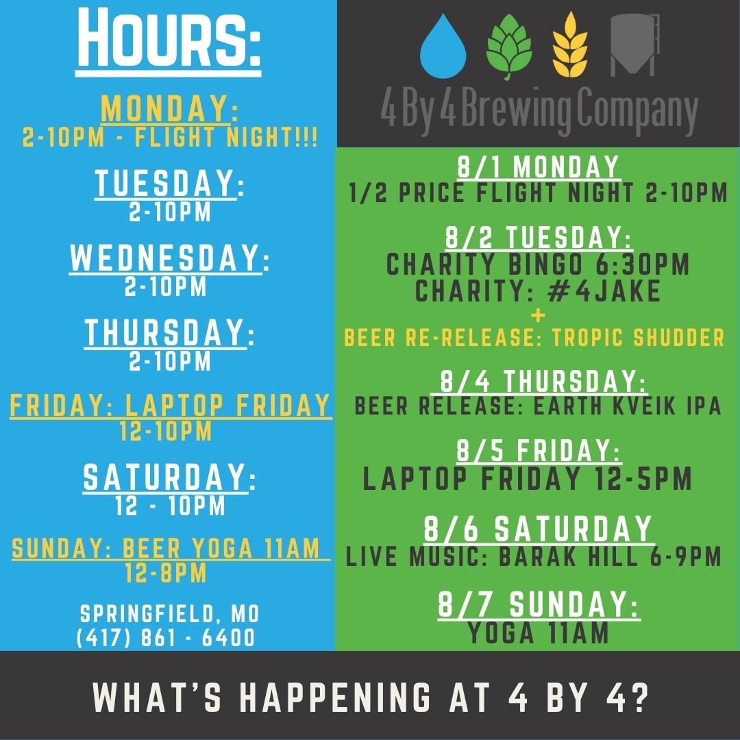 4by4Galloway's tweet photo. Here's what's going on this week at 4 By 4!⁠
⁠
*NEW BEER THIS WEEK &amp; a RETURNING BEER**
⁠
#weeklyevents #417land #thingstodo #keepup #flightnight #laptopfriday #beeryoga #foodtrucks #springfieldmoevents #breweryevents #gallowaydistrict #springfieldmo #4by4brewingco⁠ https://t.co/yeSF2fgoVM