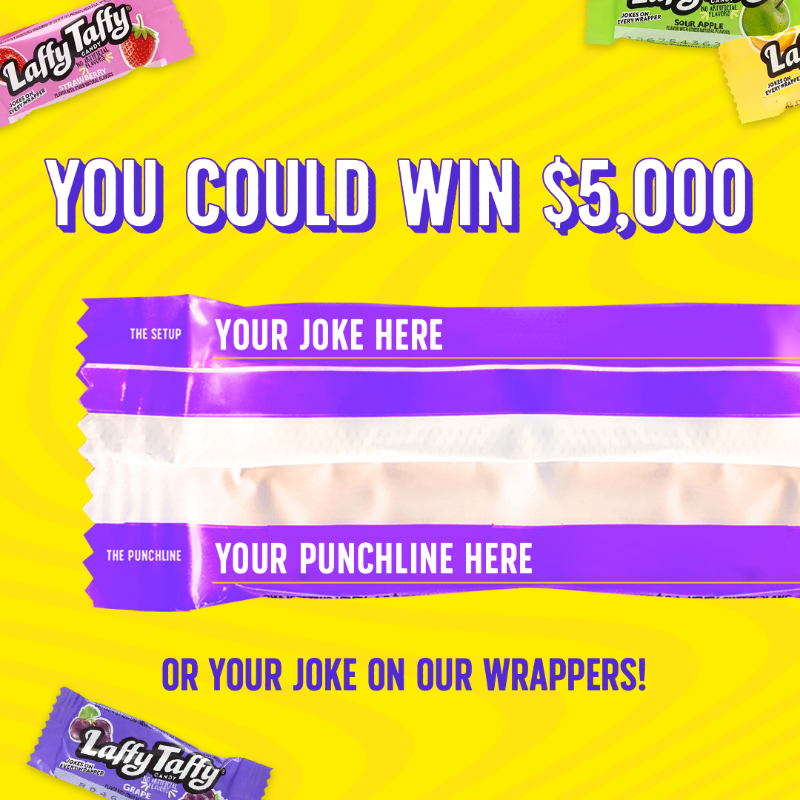LaffyTaffy's tweet photo. It’s hap-pun-ning! 📣 We’re asking our super fans to submit their best jokes for a chance to be featured on Laffy Taffy wrappers!

NO PURCH NEC. Open to 50 US/DC 18+. Ends 9/16. Click below for rules.