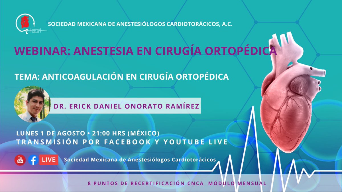 SMACT_'s tweet photo. Recuerda el Webinar de hoy, el Dr. Erick Onorato con el tema "Anticoagulación en cirugía ortopédica". Registrare en https://t.co/X9dFnQTSKw para obtener puntos de re-certificación, no te lo pierdas!! #WebinarsSmact #Anestesiaencirugíaortopédica #TodosSomosSmact https://t.co/SsIVwABBOr