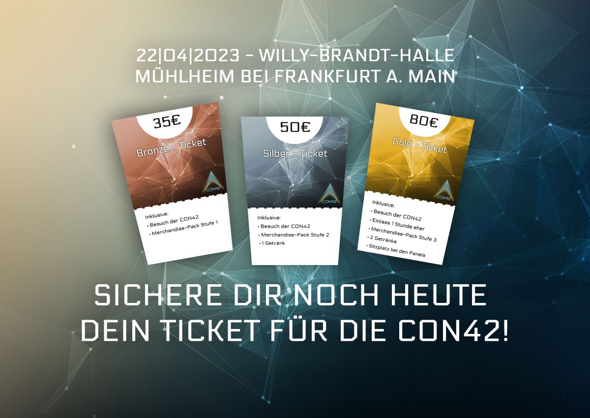 Ihr seid großartig! In den ersten 14 Tagen konnten wir 117 Tickets verkaufen davon 72 Gold-Tickets, sodass die Kosten für Halle und die grundlegende Ausstattung fast schon drin sind. Danke! Bei der CON42 am 22.04.2023 dabei sein? Sicher dir dein Ticket. con42.de