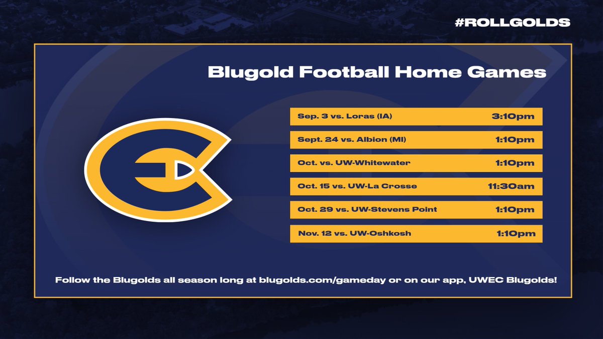 🚨SCHEDULE CHANGE🚨
Home game kickoff times for <a href="/UWECFootball/">Blugold Football</a> have been altered for the 2022 season! #RollGolds 
Read more: bit.ly/3cXOhkx