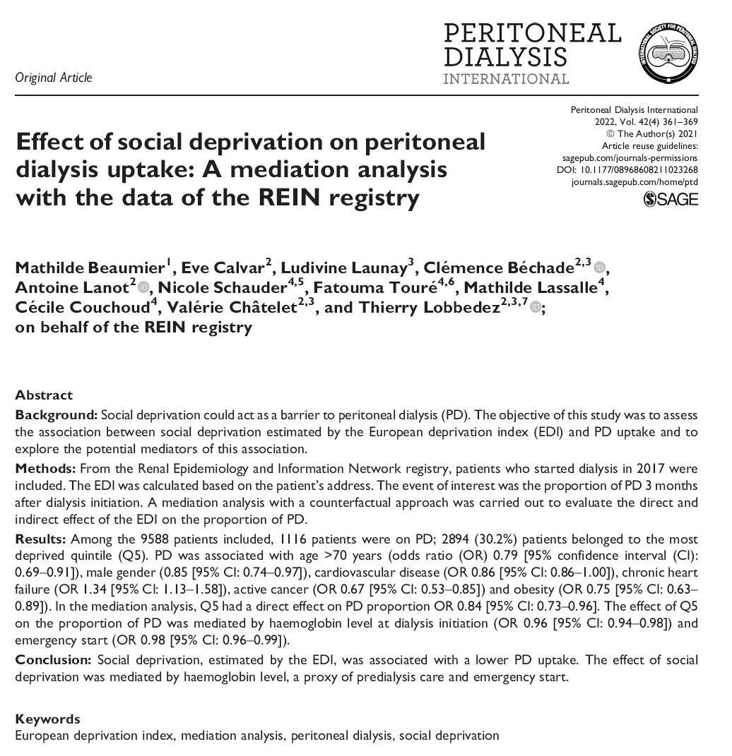 PDI_Journal's tweet photo. New Issue - July 2022 @PDI_Journal 
📄: Effect of social deprivation on peritoneal dialysis uptake: A mediation analysis with the data of the REIN registry
✍:  @MatBeaumier @lobbedez_t et al
🔗 : https://t.co/cV6oRAjUw6
#PeritonealDialysis 
#OpenAccess #EditorsChoice @PD_Perls https://t.co/ulw1Fyl8kb