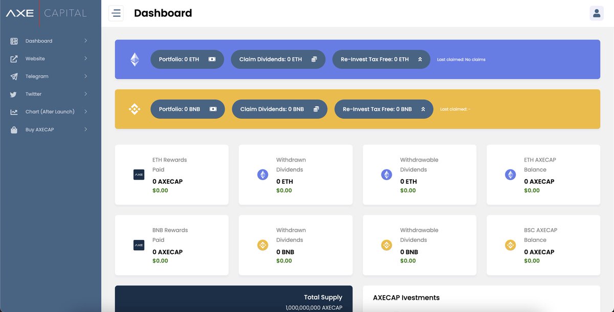 The $AXECAP dashboard has been deployed and is ready for launch 🚀 #presale is coming 👀 #ETH #BSC dashboard.axecap.capital