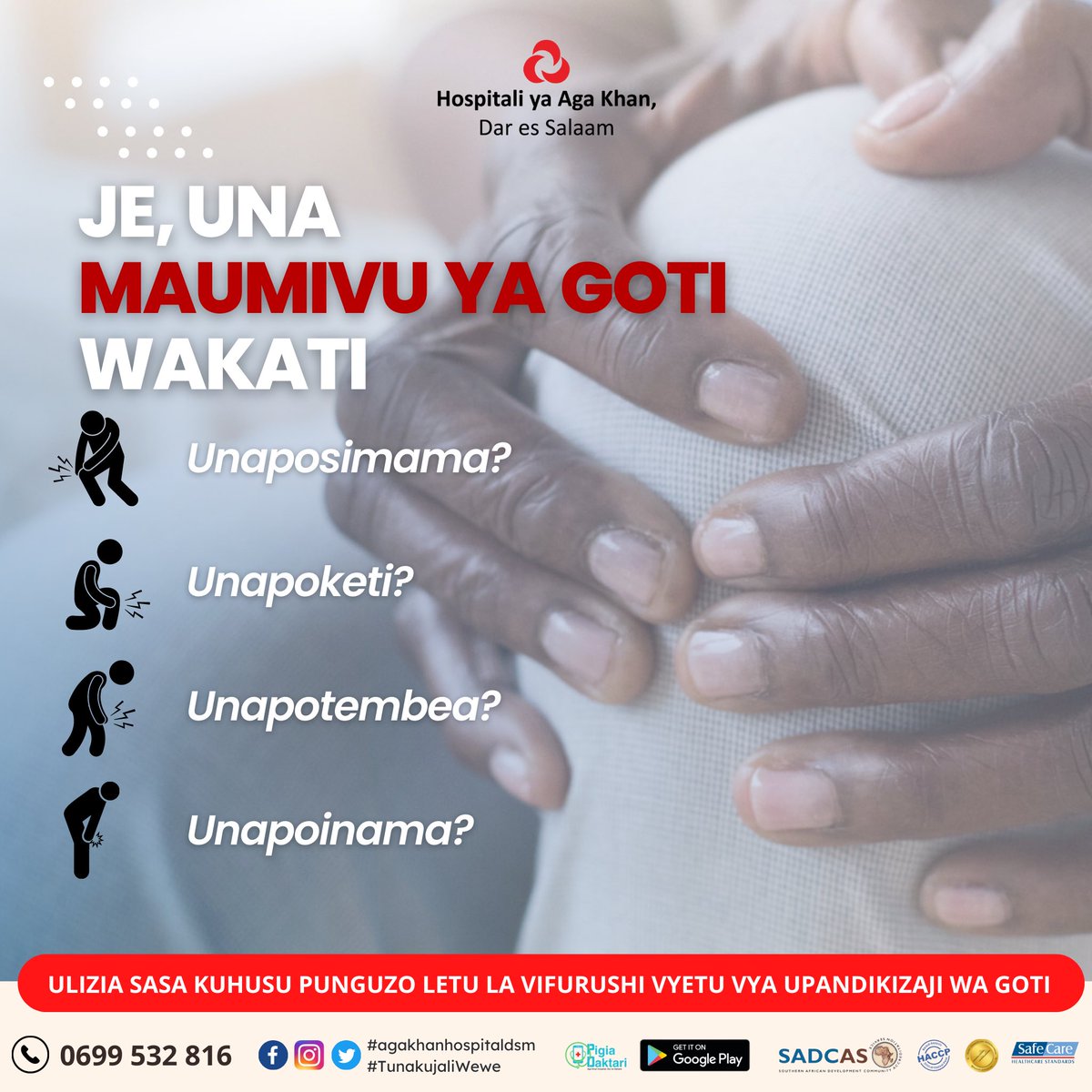 akhstanzania's tweet photo. Is #knee pain affecting your day to day activities? Inquire now about our discounted #knee replacement package. Call 0699 532 816 for more information. #agakhanhospitaldsm #orthopaedic #kneepain #kneesurgery
#arthoscopy #torncartilage #rupturedligament #selfcare #tanzania https://t.co/988gdarGkc