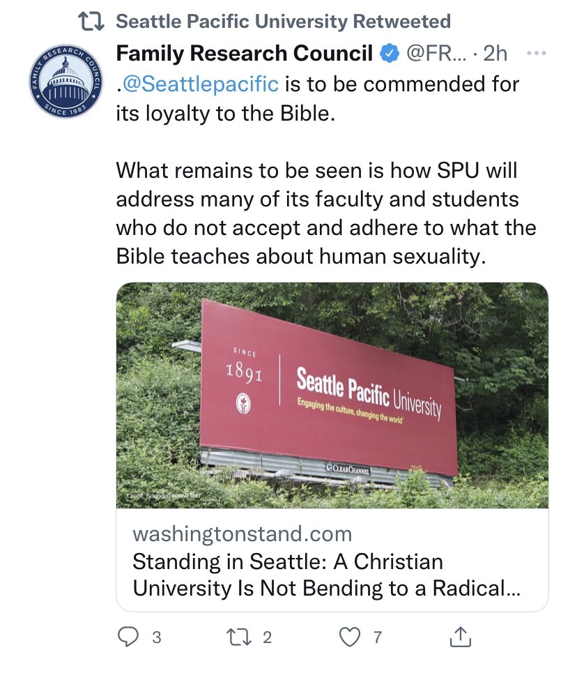 SPUisGay's tweet photo. Not @SeattlePacific retweeting an article from an anti-LGBTQ hate group that literally accuses it’s own faculty and students of not “accepting and adhering” to the Bible? Tell us how you really feel. https://t.co/eF5a1pbq9C