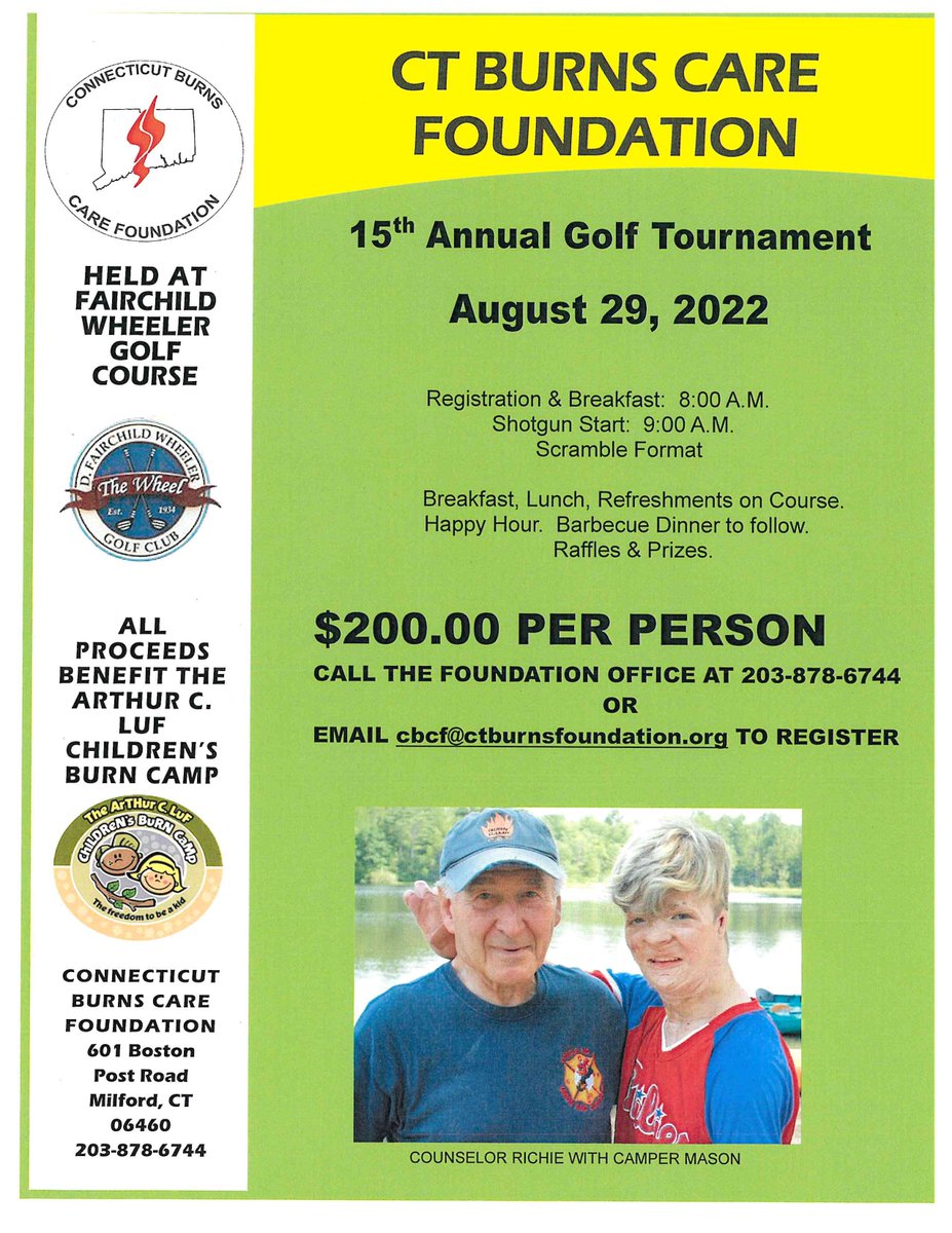 Hey, CALLING ALL GOLFERS!!!! Come out for fun, music, barbeque, prizes, and best of all to support the Arthur C. Luf Burn camp for our champions!!!!!! #CBCFburncamp #champions