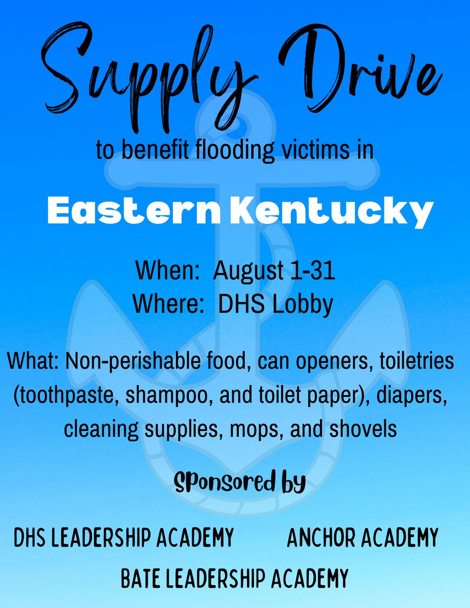 Come together to help our fellow Kentuckians after devastating Eastern KY floods! Anchor Academy, Bulldog Leadership &amp; Learning Academy &amp; Admiral Leadership Academy are hosting a donation drive. You can take donations to the <a href="/danvillehigh/">Danville High School</a> lobby. Read the flyer for info. #DISD