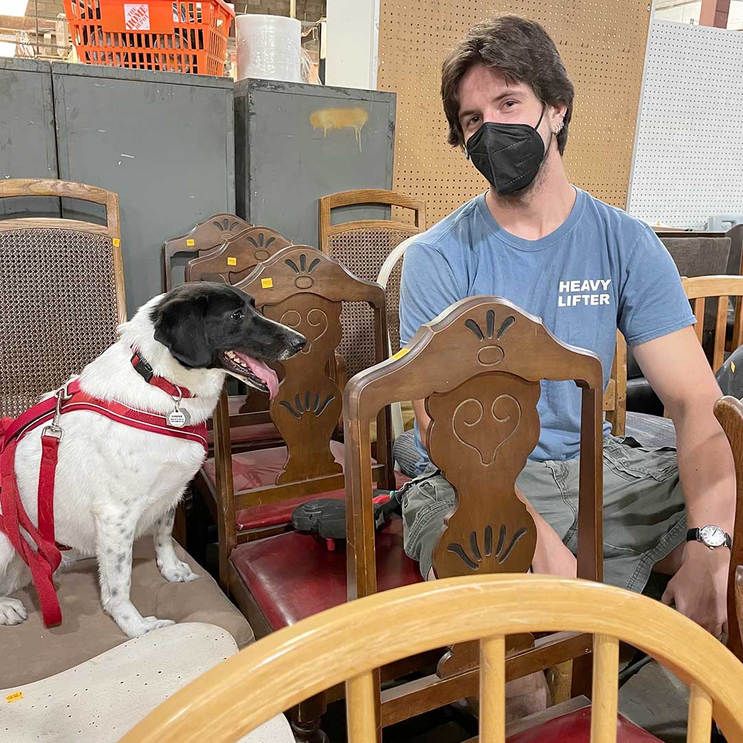 CommForklift's tweet photo. Happy #DogustFirst, the universal birthday for shelter dogs! Today we’re celebrating the canine members of the Community Forklift team. Meet Pricing and Store Operations Coordinator Theo and his dog Juniper. Juniper is devoted to Theo, sustainable #reuse, and eating cheese. https://t.co/x7vv6DINhT