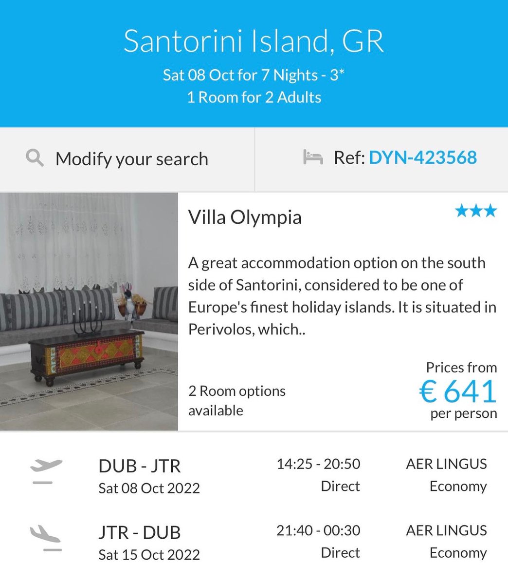 Travel_Cheaper's tweet photo. 08th October 7 nights from @dublinairport to Santorini with @aerlingus staying in the Villa Olympia €641pp ☎️ call/text/WhatsApp 0879502345 🇬🇷 #Santorini #Greece #holidays #travel #Greekislands #greekfood #greeklife #instatravel #instaphoto 💙 https://t.co/ZQkTzh8xfD