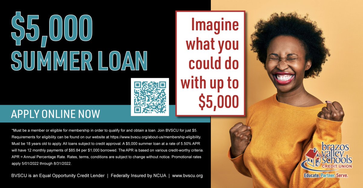 #SummerLoan From self-care to car repairs, everyone needs help over the financial hurdles sometimes! Apply online today for the $5,000 Summer Loan. 

#BVSCU #BrazosValley #CreditUnion #FinancialWellness #FinancialEducation #Educate #Partner #Serve #KatyTexas #Texas