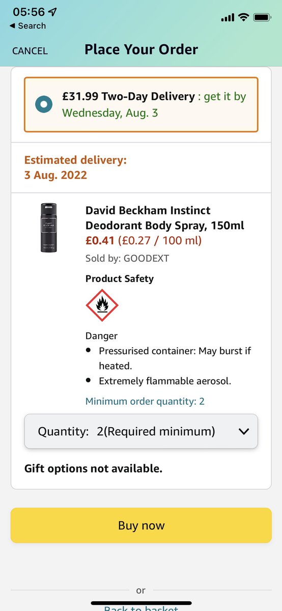j_chipperfield's tweet photo. @amazon hi there, just so that you are aware, some of your more unscrupulous sellers have been very cheeky! Attaching a £31.99 (see pic) delivery charge for a can of deodorant! Some may not check the delivery price before checking out. Have a word eh? https://t.co/QpJUj4UyyD