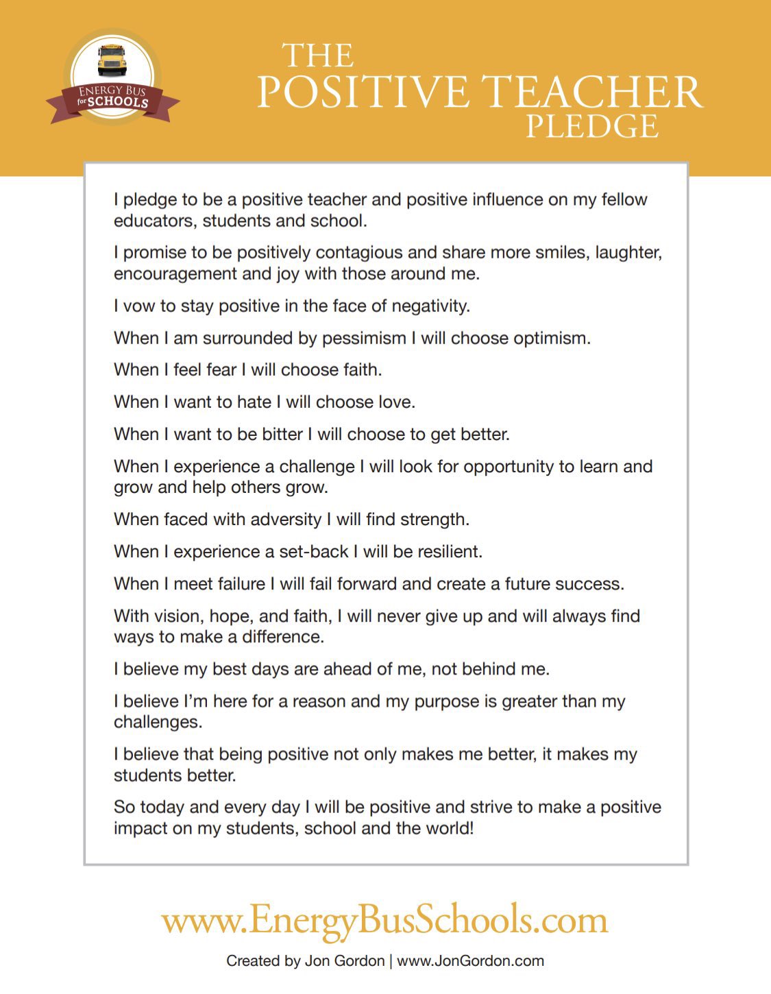 Jon Gordon on Twitter "The Positive Teacher Pledge! Thank you 