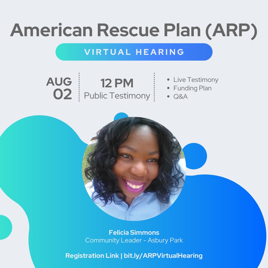 Simmons4AP's tweet photo. Tune in tomorrow Tuesday, August 02 at 12:00 PM EST for the ARP Virtual Hearing. Felicia Simmons will be advocating for state funding for the Asbury Park community.
Register: https://t.co/aHtEGAiBh9
#apwithaplan #ImNotNewToThis #wehaveaplan #forthepeopleofap #bythepeopleofap https://t.co/491lUjZiM6
