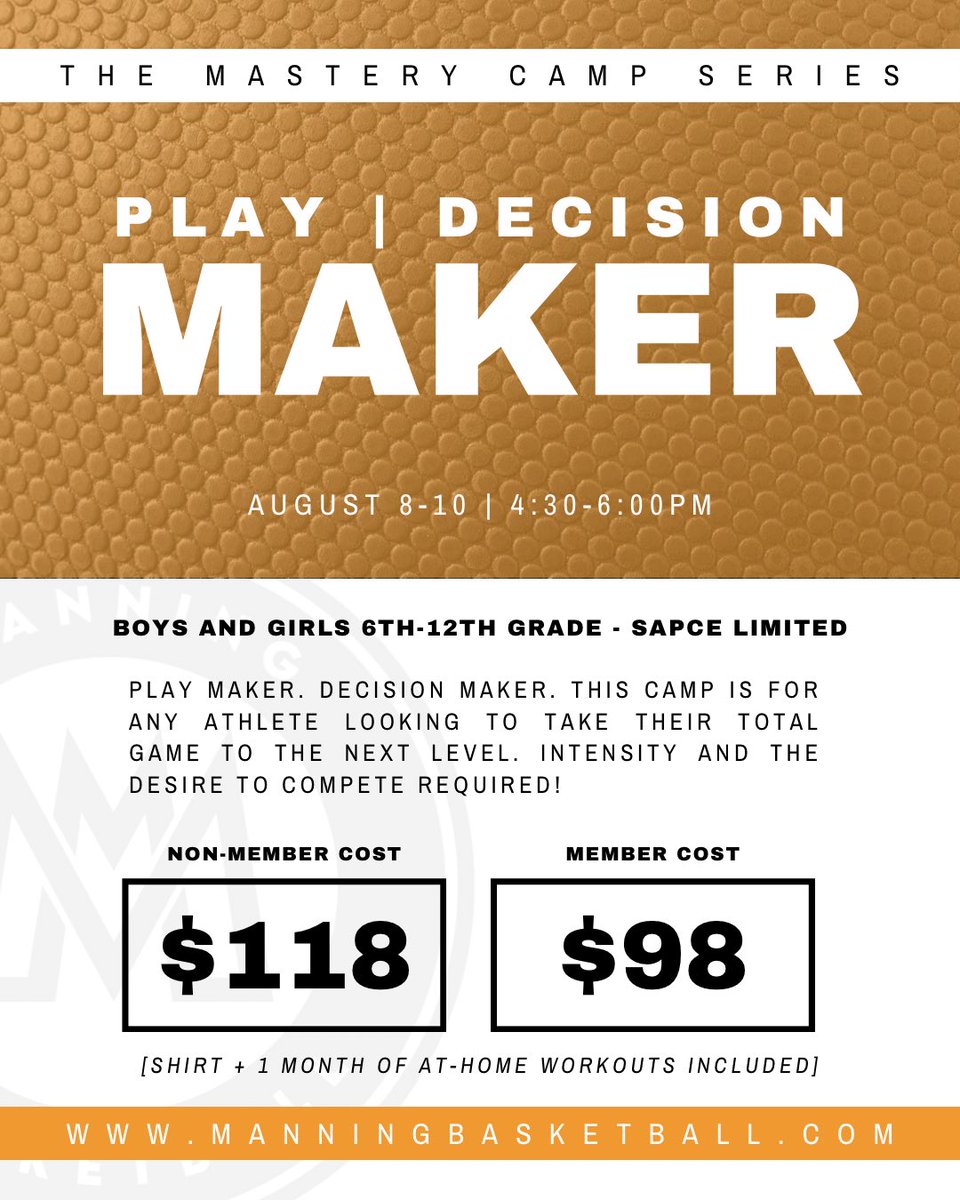 Last mastery camp opportunity of the summer… let’s get after it next week!! 

Bring a teammate and you both receive the member cost (use code “HOMETEAM” at checkout to receive discount) 

Let’s get it!