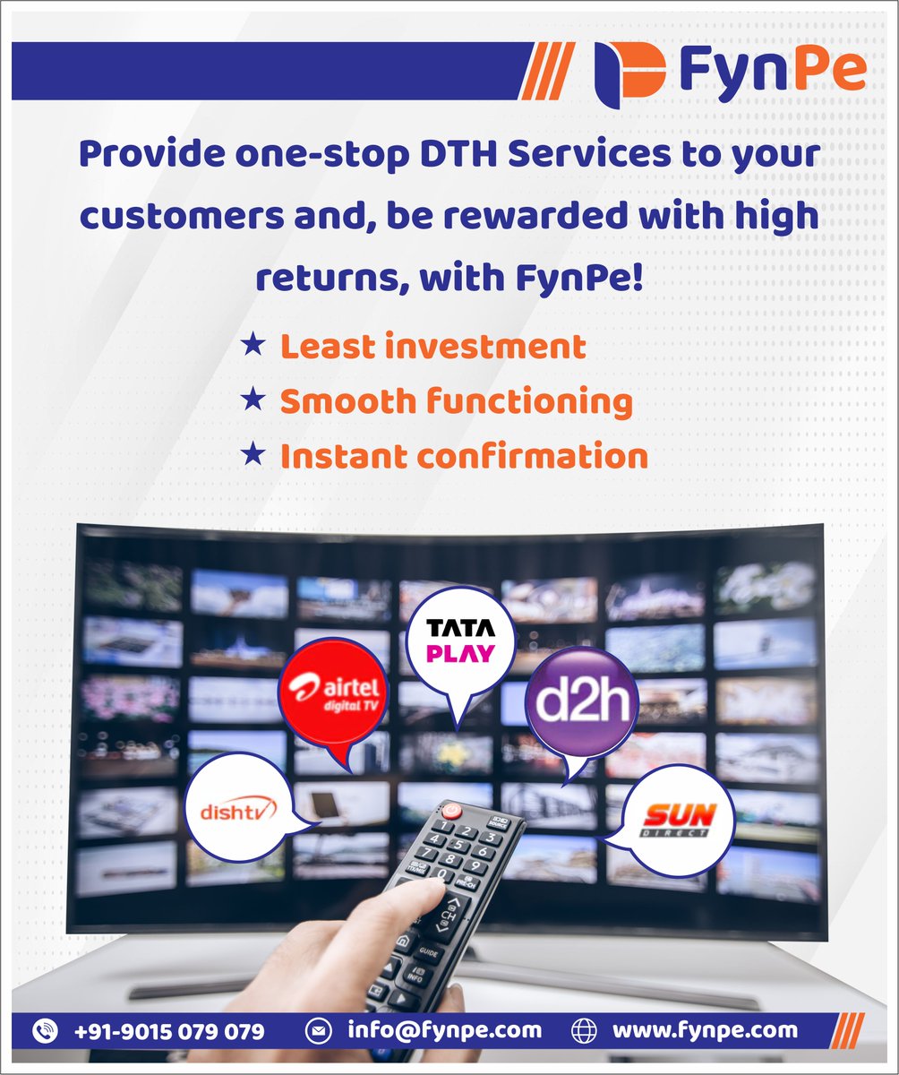 fynpe_payments's tweet photo. With FynPe's DTH Services, earn commissions on every DTH service provided to your customers!
Call us at to 9015079079 know how!
#dth #tatasky #sundirect #airteltv #dishtv #entertainment #lockdownentertainment #fynpe #paymentsolutions https://t.co/9B9OfnzoH1