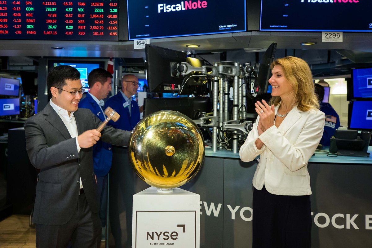 FiscalNote's tweet photo. More scenes from @FiscalNote's debut as a publicly traded company on the New York Stock Exchange (NYSE: NOTE)! Pictured is FiscalNote's @timthwang, who today becomes one of the youngest Asian American CEO/Co-founders on a major U.S. stock exchange. #FiscalTakesNOTE (📸: @NYSE) https://t.co/EDrBB5un5G