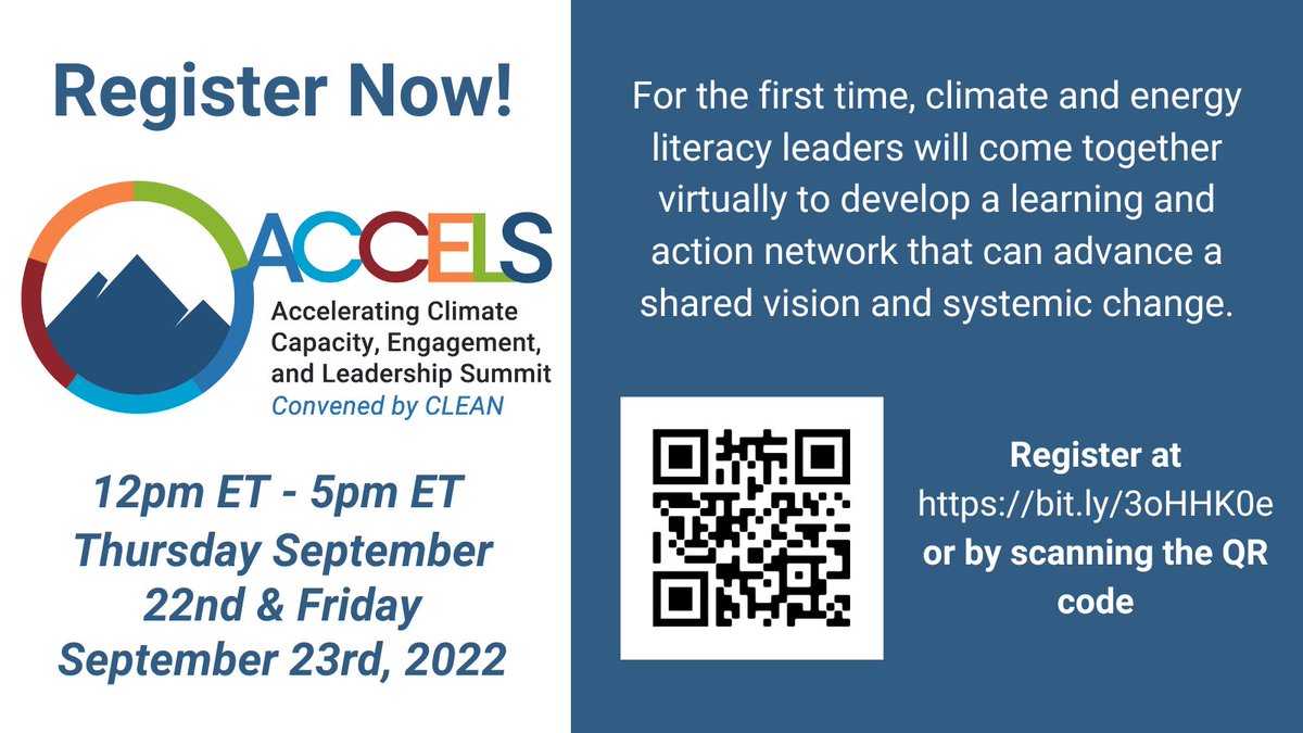 Registration for the 2022 Accelerating Climate Capacity, Engagement, and Leadership Summit (ACCELS) convened by CLEAN is now LIVE! 🎉
Register at: bit.ly/3oHHK0e
Time: 12pm ET - 5pm ET Thursday September 22nd &amp; Friday September 23rd, 2022