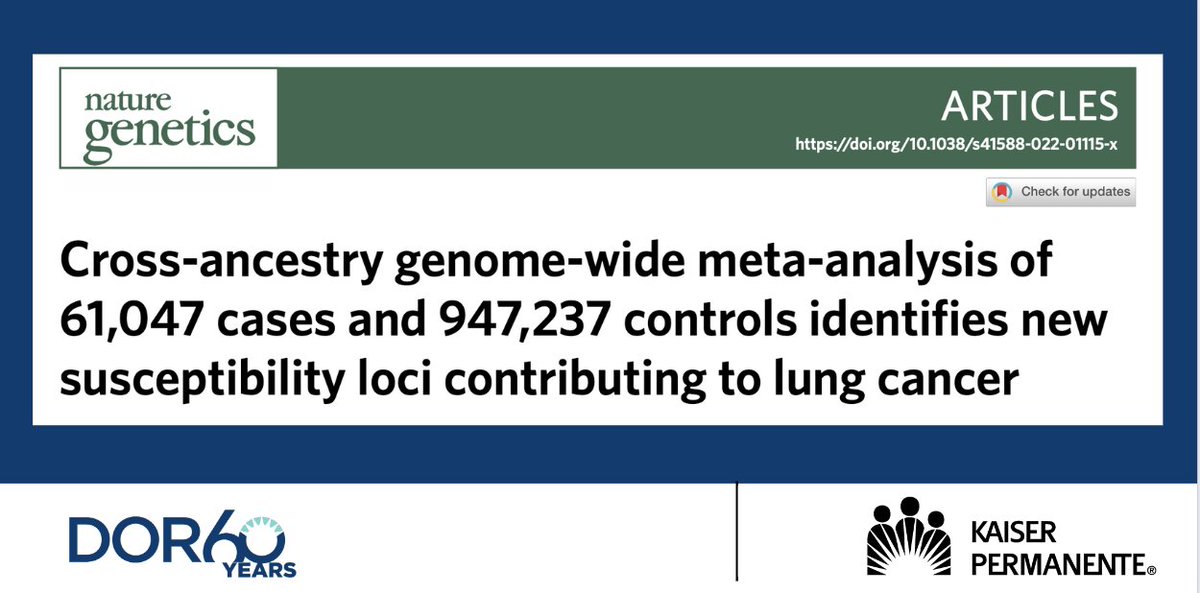 KPDOR's tweet photo. Great to see this important research published in @NatureGenet on #WorldLungCancerDay! Kudos to @LoriSakoda @KPDOR @kpnorcal and the other members of this impressive research team! @KPCancerRsrch #lungcancer #crossancestry #genomewide #GWAS #GWMA
Study: https://t.co/qR7jSXOAJ3 https://t.co/e1hmn5UiMc
