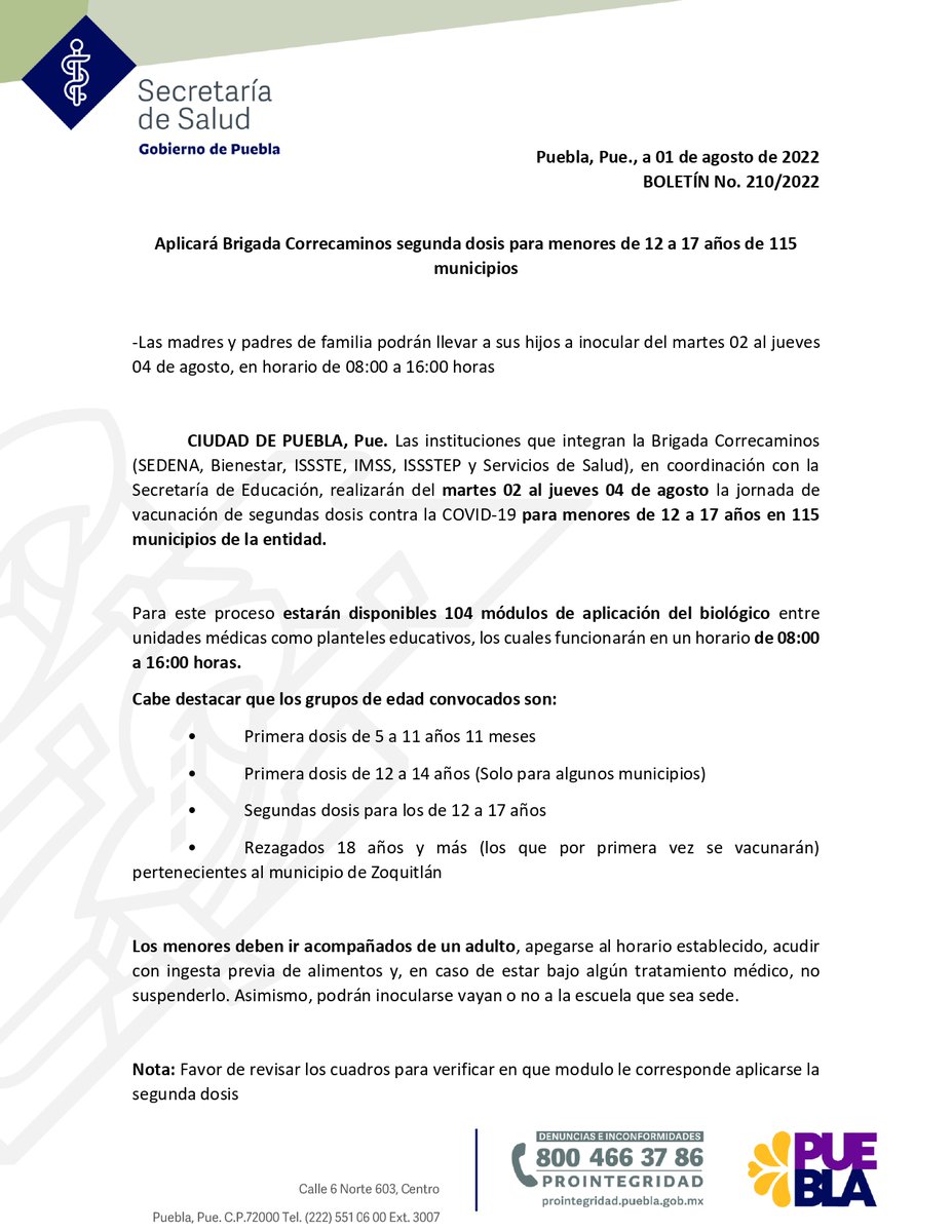 SEPGobPue's tweet photo. 🔴¡Atención madres, padres de familia y tutores!
La @SaludGobPue da a conocer la logística de vacunación contra la #COVID19 en 115 municipios del estado, podrán acudir del martes 02 al jueves 04 de agosto, en horario de 08:00 a 16:00 horas.

🗞️https://t.co/Ejjo1aEdYS https://t.co/Sh7QaI3OQa