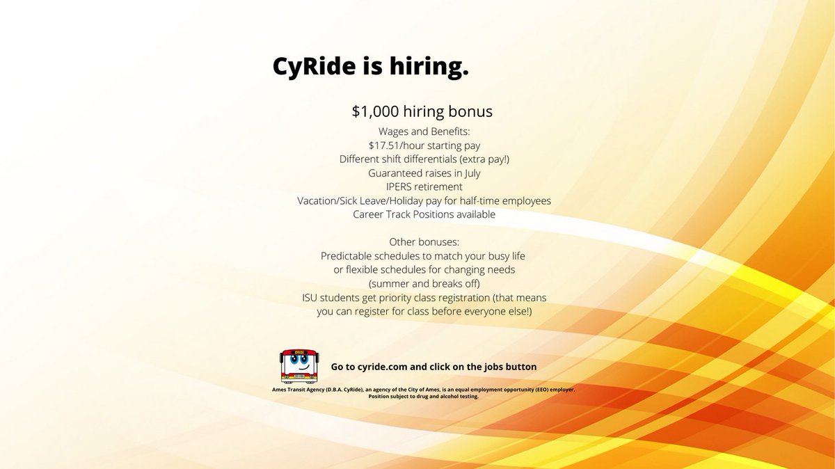CyRide's tweet photo. We are hiring drivers. We have a variety of shifts which can be created to fit your schedule. #CyRide #jobs https://t.co/DIASyNUeT8