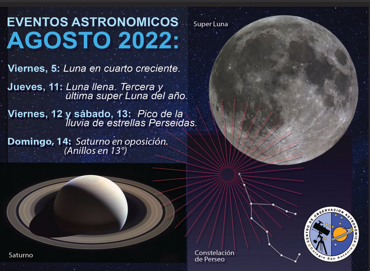 EVENTOS  ASTRONÓMICOS PARA AGOSTO 2022. 
Le compartimos algunos de los eventos más significativos para el mes de agosto.  Tendremos un mes interesante con la última super Luna del año, lluvias de estrellas y el planeta Saturno oposición.  Como siempre, les deseamos cielos claros.