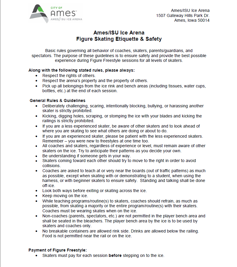 AmesISUIceArena's tweet photo. The Ames/ISU Ice Arena has new rules and processes in place for Figure Freestyle! Check out the new guidelines and ask our staff about the new on ice processes! #amesisuicearena https://t.co/C5iuXWpHqz