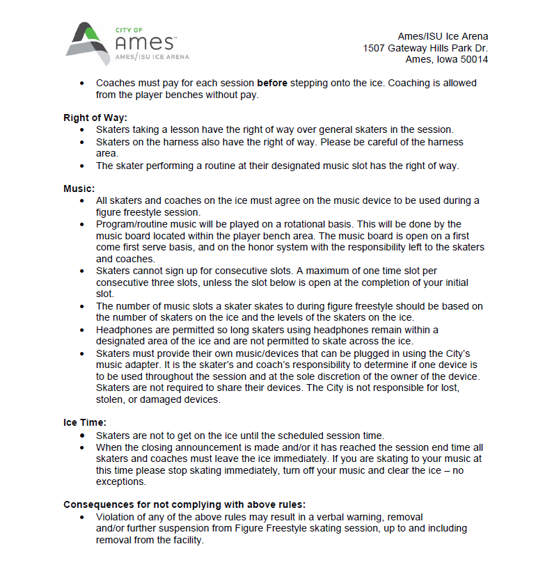 The Ames/ISU Ice Arena has new rules and processes in place for Figure Freestyle! Check out the new guidelines and ask our staff about the new on ice processes! #amesisuicearena