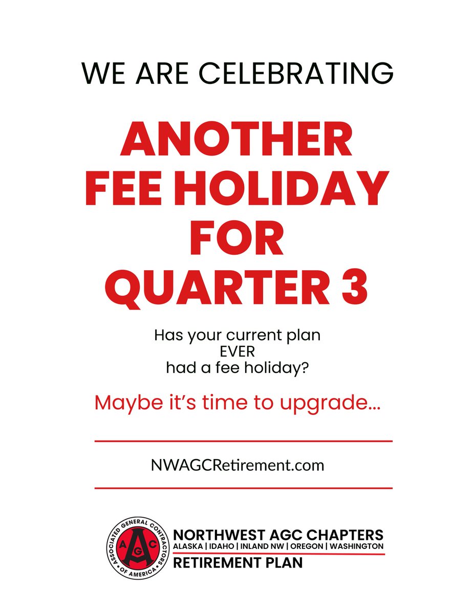 WOOOHOOO FOR ANOTHER FEE HOLIDAY!🕺🎉 The Northwest AGC Chapters Retirement Plan is giving members yet another fee holiday for Quarter 3! Upgrade your plan and start enjoying your fee holidays too, you know you want to!👏🏻 #AGC #feeholiday #retirementplan