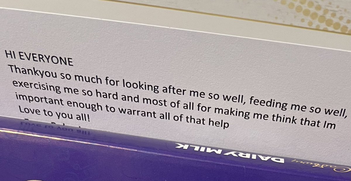 So wonderful  to read this message from one of our patients recently discharged from <a href="/ward_rutland/">Rutland Ward</a> and the impact we had on their rehabilitation and inpatient journey. The chocolate went down a treat with the staff too! 🍫💙💚#oneteam  <a href="/SteeleMand/">Mandy Steele</a> <a href="/SkinnerCarla/">carla yaxley</a> <a href="/CHSInpatientLPT/">CHS Inpatient Wards</a>