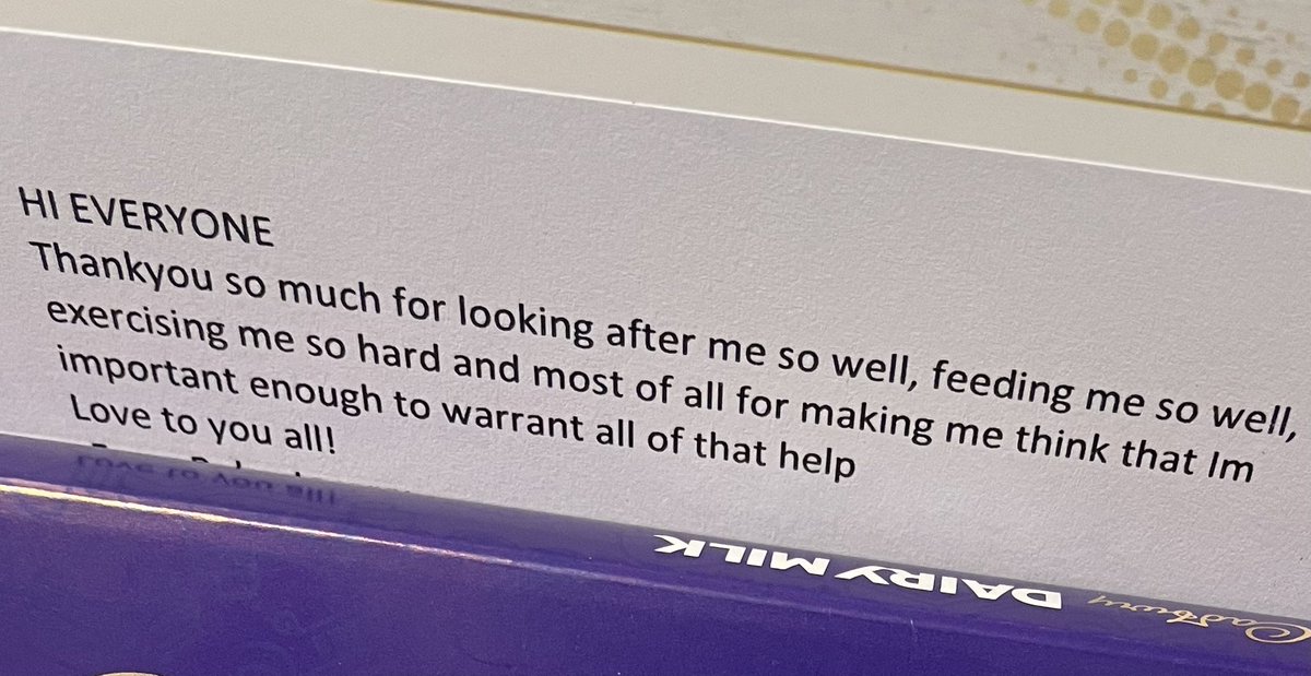 So wonderful to read this message from one of our patients recently discharged from @ward_rutland and the impact we had on their rehabilitation and inpatient journey. The chocolate went down a treat with the staff too! 🍫💙💚#oneteam @SteeleMand @SkinnerCarla @CHSInpatientLPT