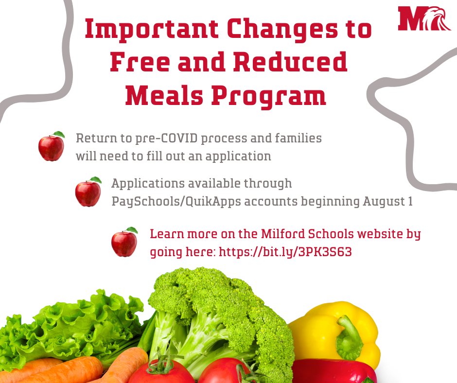 Important changes have been made to the federal free and reduced meal program and beginning this school year families will once again need to fill out application. Visit our website via this link to learn more! bit.ly/3PK3S63