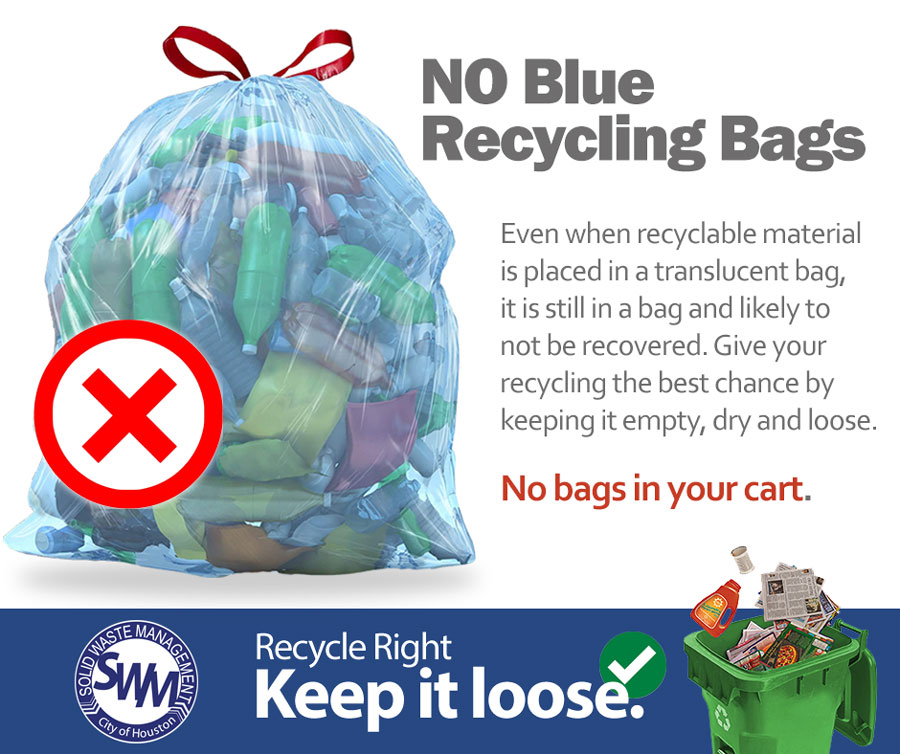 HoustonTrash's tweet photo. Recycle Tuesday Tip: Even though the box may say “recycling” on store-bought kitchen recycling bags, they should NOT be placed in your recycling cart.

Keep your recycling loose in your cart. #RecycleRight #RecycleTuesdayTip #CleanAndDry #KnowWhatToThrow https://t.co/b128brWkLt