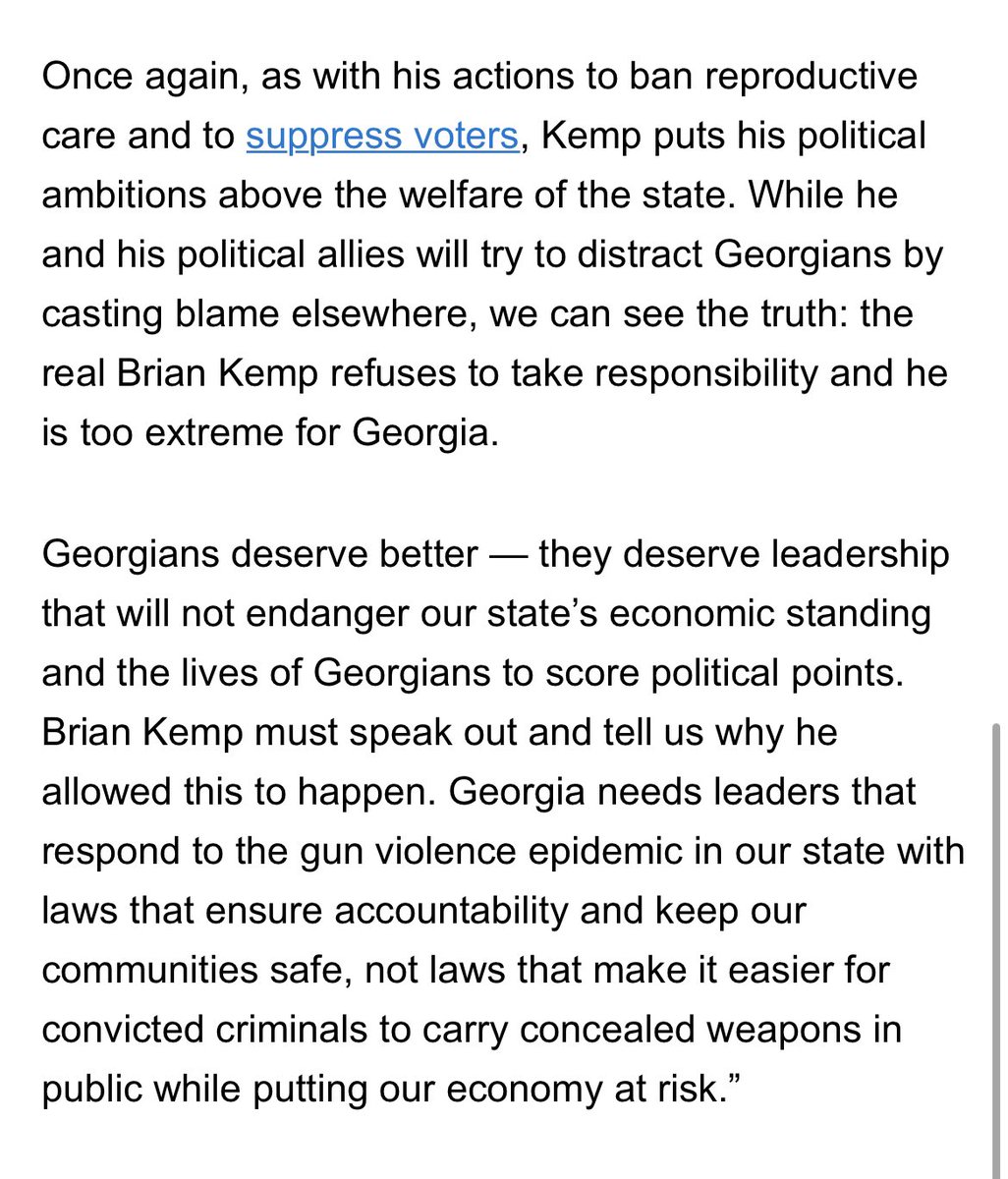 ><a href="/staceyabrams/">Stacey Abrams</a> on the cancellation of the Music Midtown festival in Atlanta: “Brian Kemp’s dangerous and extreme gun agenda endangers the life’s of Georgians, and the cancellation of Music Midtown is proof that his reckless policies endanger Georgia’s economy as well.” #gapol