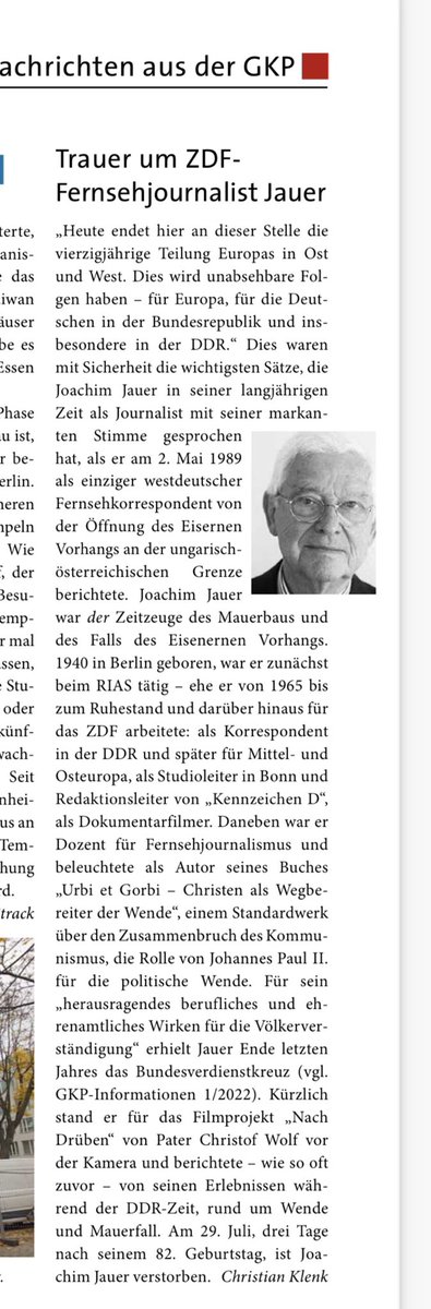 Strack_C's tweet photo. Trauer um Joachim #Jauer. Der ⁦@ZDF⁩-Journalist war über Jahrzehnte Mitglied der Gesellschaft Katholischer Publizisten ⁦@GKPde⁩ . Bei manchen Anlässen teilte er seine große Erfahrung. https://t.co/f3meyga5K8