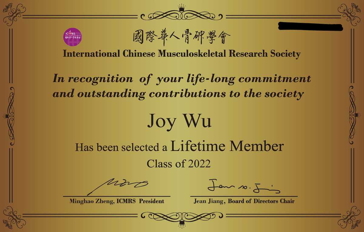 JoyYWu's tweet photo. Thank you #ICMRS for the honor of lifetime membership. Proud to support musculoskeletal researchers of Chinese heritage around the world. https://t.co/VcUkDswNx4